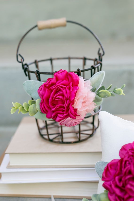 Pink Doll Flower Girl Basket | Cheerful Wedding Flower Girl & Ring Bearer Gift | Boho Bold Pink Wedding | Bronze Bucket Metal Basket