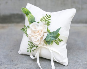 Ring Bearer Pillow Rustic Wedding Ring Pillow Ivory Linen look Wedding Ring Display Floral Pillow Greenery Pillow Ring Cushion