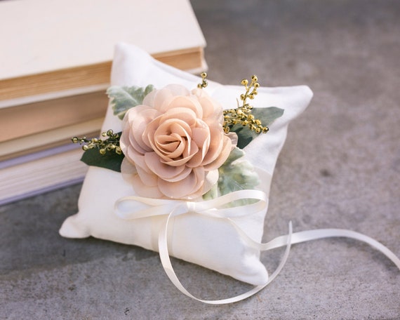 Ring Bearer Pillow | Rustic Wedding Ring Pillow | Ivory Linen-look Wedding Ring Display | Floral Pillow | Greenery Pillow | Ring Cushion