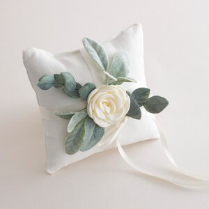 Ring Bearer Pillow Wedding Ring Pillow Ivory Linen-look Wedding Ring Display Floral Pillow Greenery Pillow Ring Cushion image 7