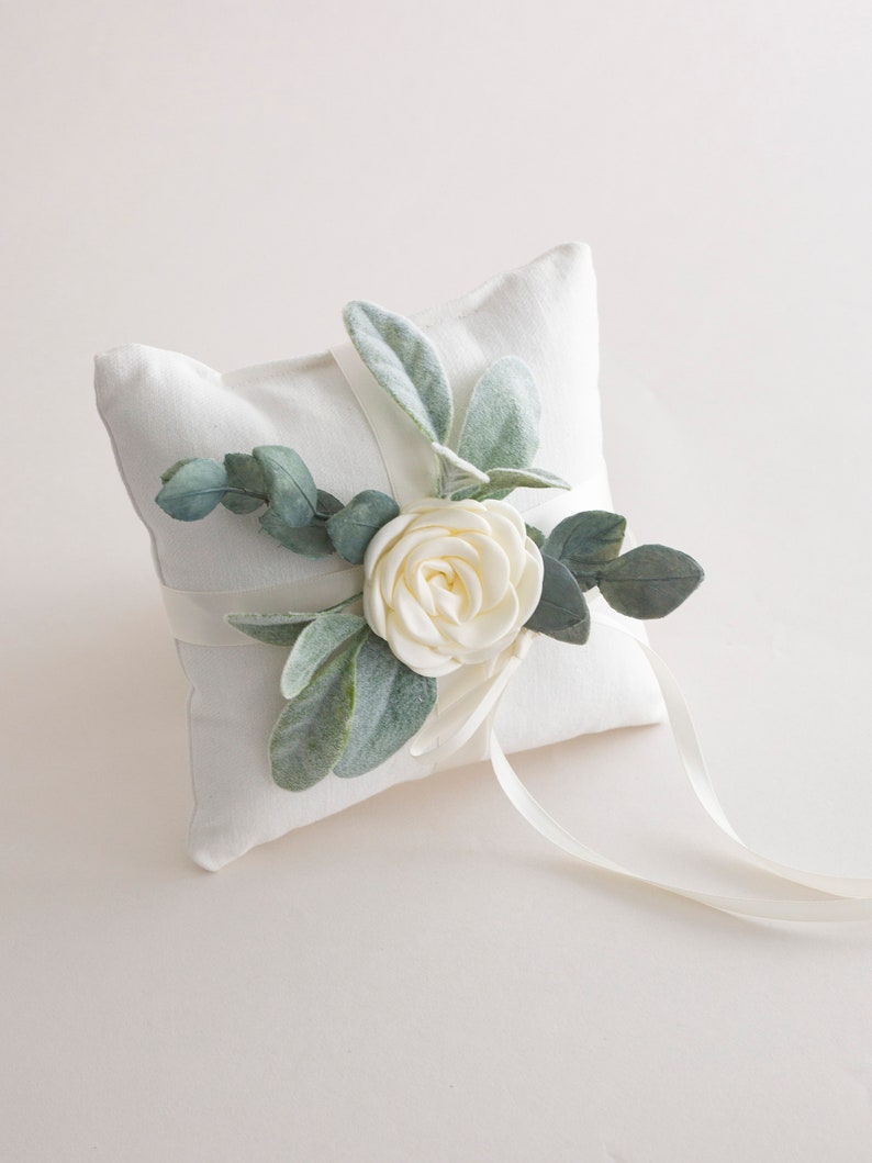 Ring Bearer Pillow Wedding Ring Pillow Ivory Linen-look Wedding Ring Display Floral Pillow Greenery Pillow Ring Cushion image 7