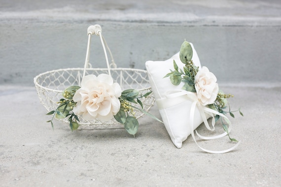 Flower Girl Basket and Ring Bearer Pillow Set | Ivory Wedding Basket | Simple Basket Set | Flower Girl Set | Boho Wedding | Ring Pillow