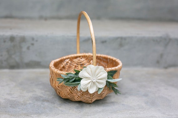 Flower Girl Basket | Willow Wedding Basket | Romantic Wicker Basket | Rattan Flower Girl Basket | Gift Basket w/ Greenery | Decorated Basket