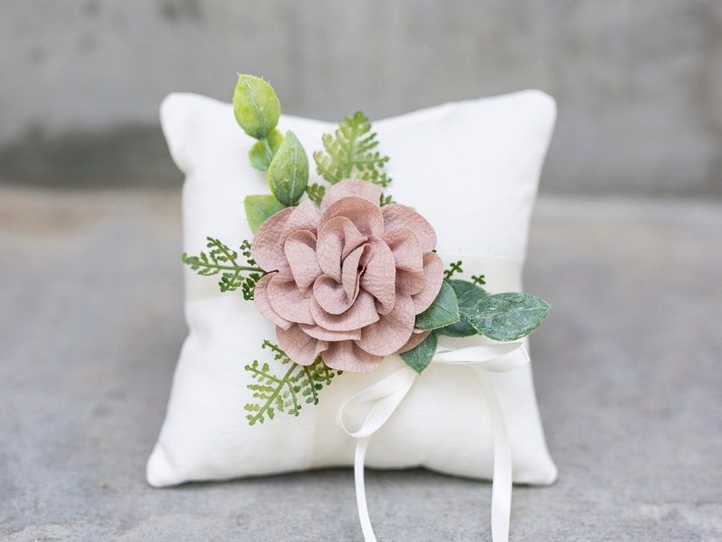 Ring Bearer Pillow Rustic Wedding Ring Pillow Ivory Linen-look Wedding Ring Display Floral Pillow Greenery Pillow Ring Cushion image 6