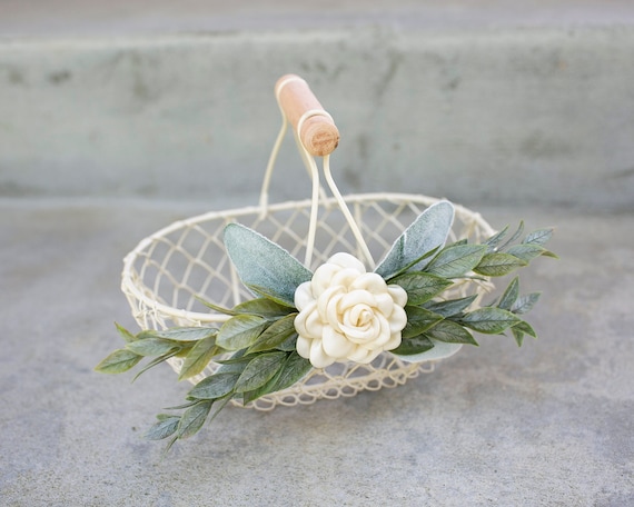 Ivory Flower Girl Basket | Flower Girl Gift | Ivory Mini Wire Basket | Modern Wedding White Basket | Greenery Wedding Decor