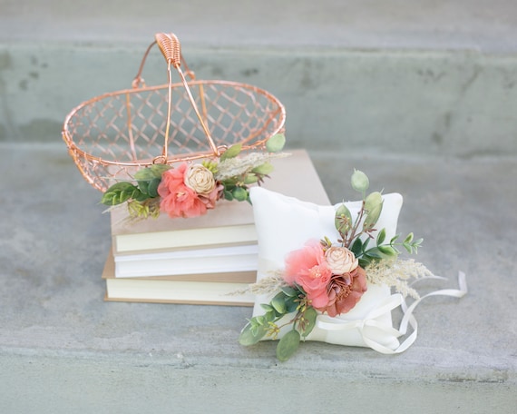 Flower Girl Basket Set | Wedding Flower Girl & Ring Bearer Gift | Boho Desert Palette Wedding Decor | Copper or Rose Gold Metal Basket