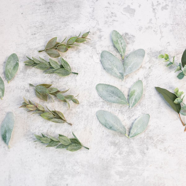 Loose Faux Greenery Bundle | Toss Petal Leaves | Table Styling Leaves and Branches | Photo Prop Faux Greenery | Lambs Ear | Italian Ruscus