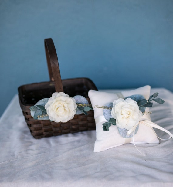 Flower Girl Basket for Petals by Ragga Wedding Wedding Basket w//Wood Handle Ivory Flower Girl Basket with Eucalyptus Greenery