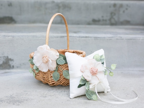 Rattan Flower Girl Basket | Willow Wedding Basket | Flower Girl Basket | Romantic Wedding Decor | Flower Girl Ring Bearer Set w/ Greenery