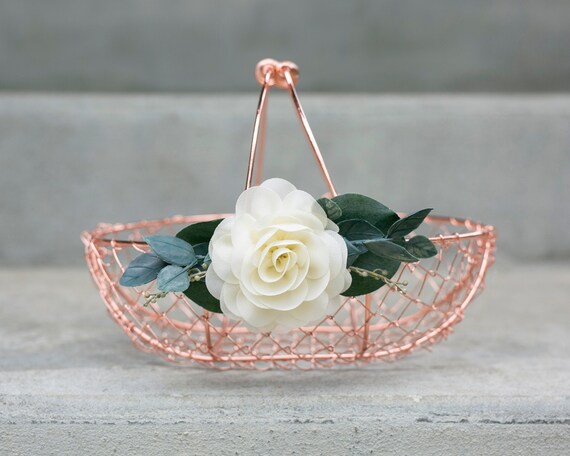 Rose Gold Flower Girl Basket | Copper Metal Wedding Basket | Greenery + Ivory Floral Decorated Basket | Boho Flower Girl | Copper Basket