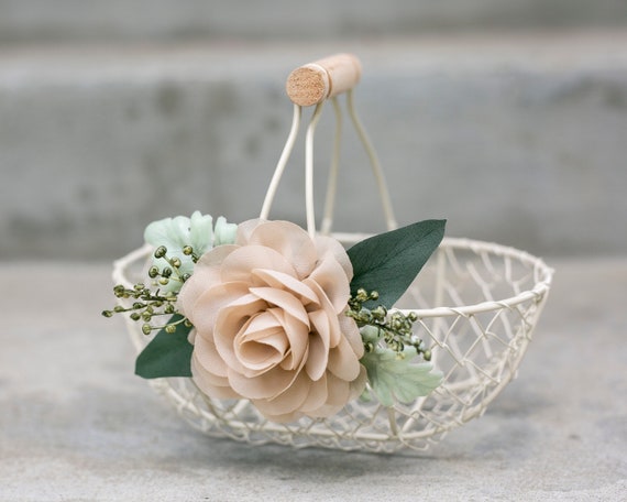 Rustic Flower Girl Basket | Small Flower Girl Gift | Rustic Wire Basket | Barn Wedding Basket | Petite or Large Ivory Basket | Beige Flower