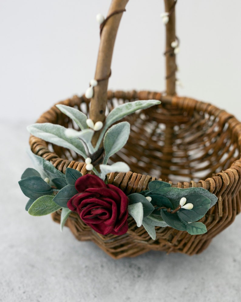 Flower Girl Basket Willow Wedding Basket Flower Girl Basket Small Flower Girl Basket Gift Basket w/ Greenery Decorated Basket image 9