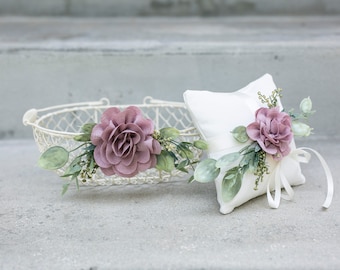 Matching Flower Girl Basket, Crown & Ring Pillow Set | Mauve Wire Flower Girl Basket | Flower Girl Set | Wedding Ring Pillow | Ring Bearer