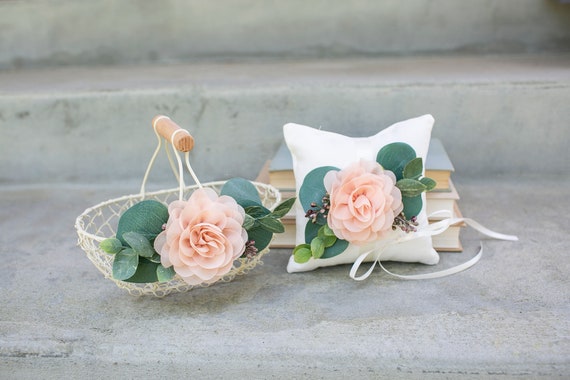 Flower Girl Basket and Ring Pillow  Set | Ivory Wire Flower Basket | Blush Flower | Flower Girl Set | Spring Boho Flower Girl