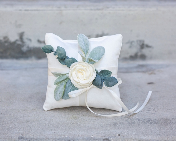 Ring Bearer Pillow | Wedding Ring Pillow | Ivory Linen-look Wedding Ring Display | Floral Pillow | Greenery Pillow | Ring Cushion