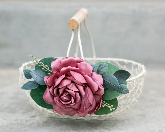 Flower Girl Basket | Barn Wedding Flower Girl Gift | Ivory Petal Basket | Garden Flower Basket | Pink and Ivory Wedding Decor