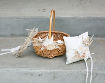 Panier bohème fille d'honneur | Ensemble panier en rotin + coussin pour porte-anneaux | Couronne et panier de mariage en saule du désert | Panier de fille de fleur décoré bohème