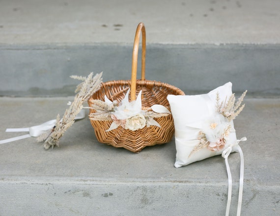 Boho Flower Girl Basket | Rattan Basket + Ring Bearer Pillow Set | Desert Willow Wedding Basket & Crown | Boho Decorated Flower Girl Basket