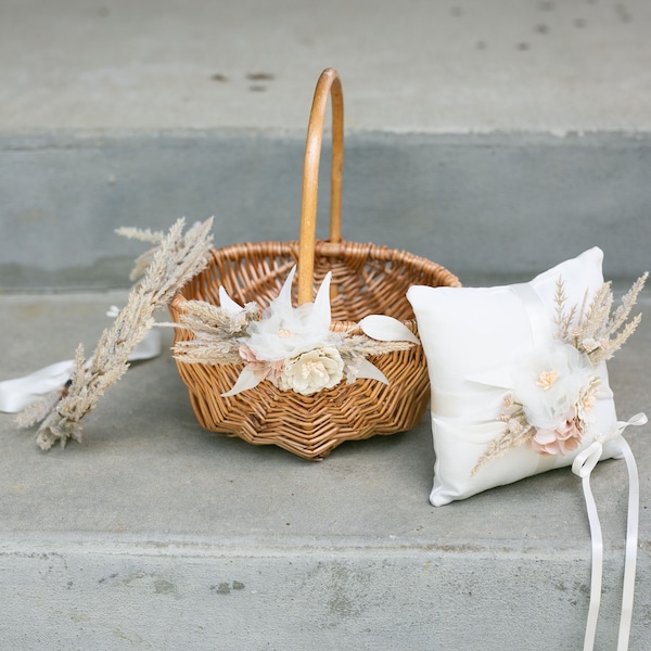 Boho Flower Girl Basket | Rattan Basket + Ring Bearer Pillow Set | Desert Willow Wedding Basket & Crown | Boho Decorated Flower Girl Basket