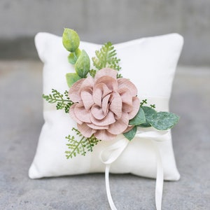 Ring Bearer Pillow Rustic Wedding Ring Pillow Ivory Linen-look Wedding Ring Display Floral Pillow Greenery Pillow Ring Cushion image 4