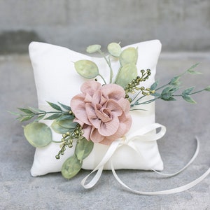 Ring Bearer Pillow Wedding Ring Pillow Ivory Linen-look Wedding Ring Display Floral Pillow Greenery Pillow Ring Cushion Photo Prop image 3