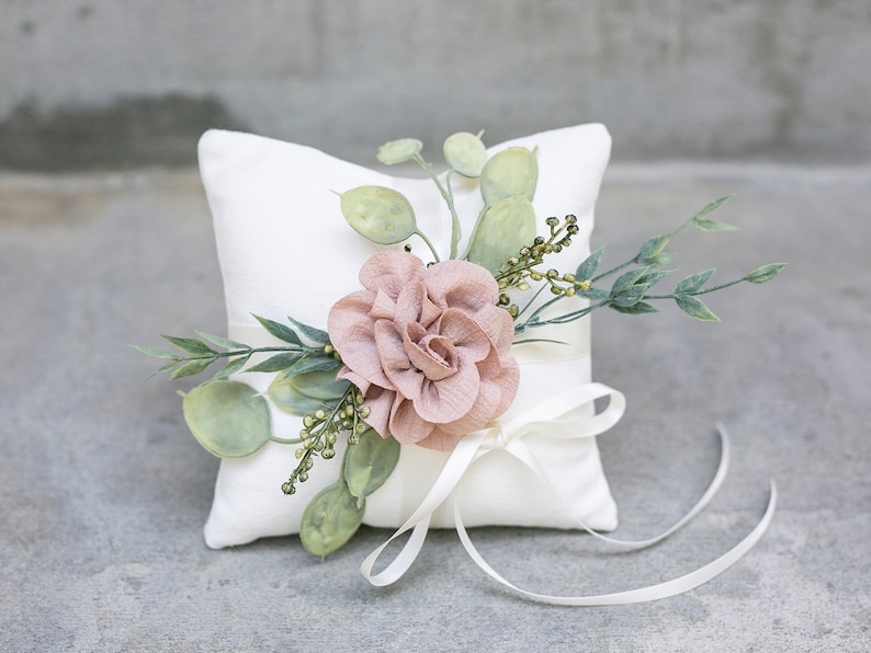 Ring Bearer Pillow Wedding Ring Pillow Ivory Linen-look Wedding Ring Display Floral Pillow Greenery Pillow Ring Cushion Photo Prop image 3