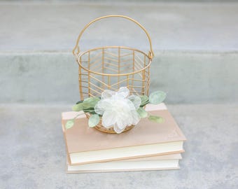 Champagne Gold Flower Girl Basket: Ivory Rose & Eucalyptus Wedding Decor