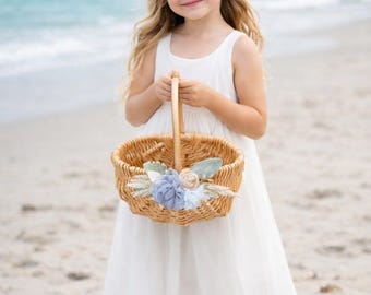 Coastal Flower Girl Basket & Ring Pillow Set: Boho Baby Blue Accents