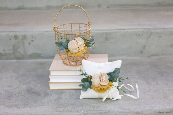 Flower Girl Basket Set | Yellow Wedding Flower Girl & Ring Bearer Gift | Beige + Greenery Wedding Decor | Gold Bucket Metal Basket