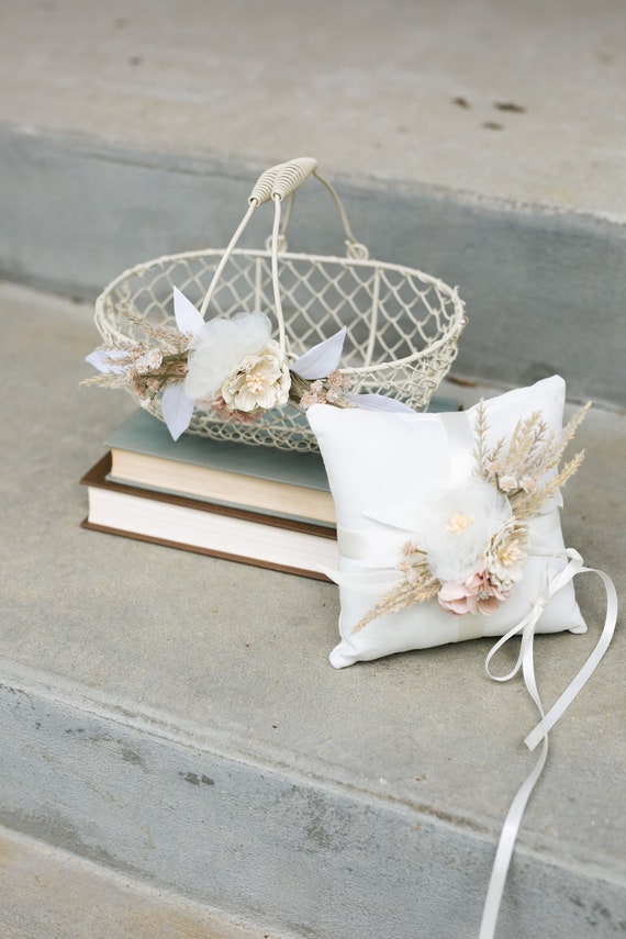 Boho ivory Flower Girl Basket | Pampas Desert Wedding Decor or Gift Basket | Modern Decorated Flower Girl Sets | Matching Wedding Set