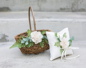 Boho Flower Girl Basket | Willow Wedding Basket | Rustic Decorated Flower Girl Basket | Rustic Woven Wedding Basket Set | Ring Bearer Pillow