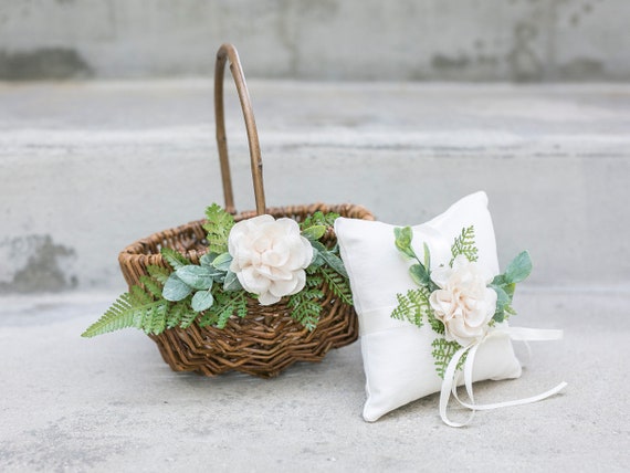 Boho Flower Girl Basket | Willow Wedding Basket | Rustic Decorated Flower Girl Basket | Rustic Woven Wedding Basket Set | Ring Bearer Pillow