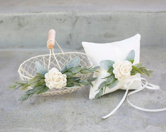 Matching Basket and Pillow Set | Ivory Metal Flower Girl Basket | Linen-look Wedding Ring Pillow | Petite Flower Girl Basket & Pillow