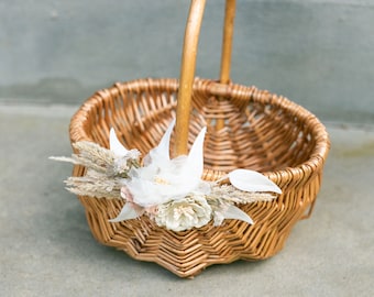 Boho Flower Girl Basket | Rattan Basket + Ring Bearer Pillow Set | Desert Willow Wedding Basket & Crown | Boho Decorated Flower Girl Basket