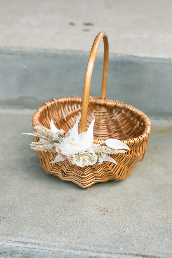 Boho Flower Girl Basket | Rattan Basket + Ring Bearer Pillow Set | Desert Willow Wedding Basket & Crown | Boho Decorated Flower Girl Basket