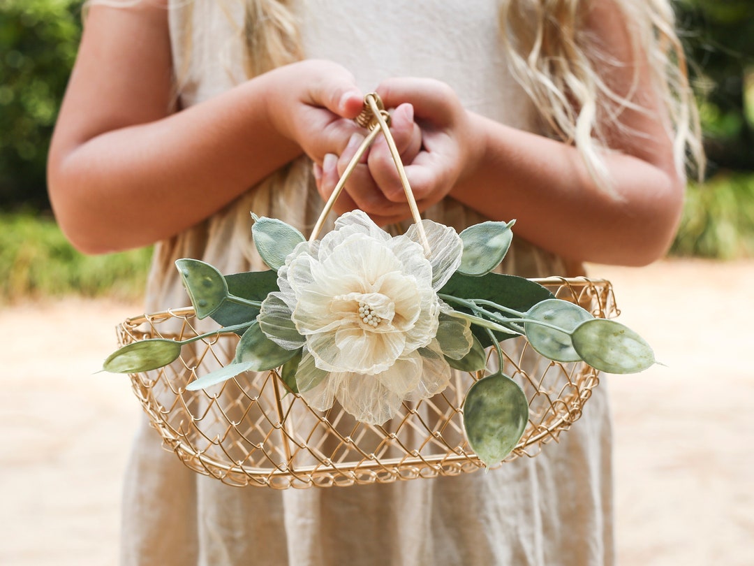 Champagne Gold Flower Girl Basket: Eucalyptus Organza Rose Decor