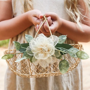 Champagne Gold Metallic Flower Girl Basket | Golden Wedding or Gift Basket | Modern Decorated Flower Girl Basket | Gold Glam Wedding Decor