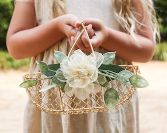 Champagne Gold Metallic Flower Girl Basket | Golden Wedding or Gift Basket | Modern Decorated Flower Girl Basket | Gold Glam Wedding Decor