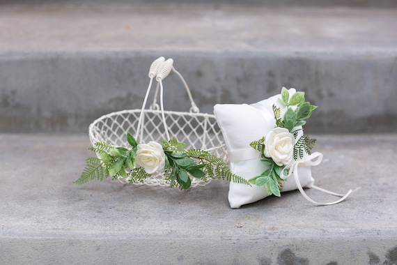 Flower Girl Basket and Pillow Set | Flower Girl Set | Ivory Metal Basket | Boho Flower Girl | Wedding Basket | Greenery Basket | Bridal Gift