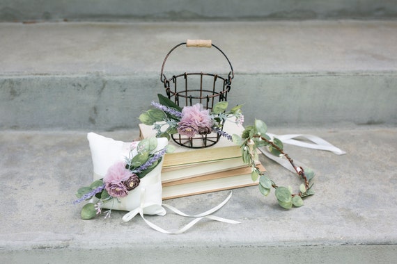 Flower Girl Basket Set | Rustic Wedding Flower Girl & Ring Bearer Gift | Lavender + Greenery Wedding Decor | Bronze Bucket Metal Basket