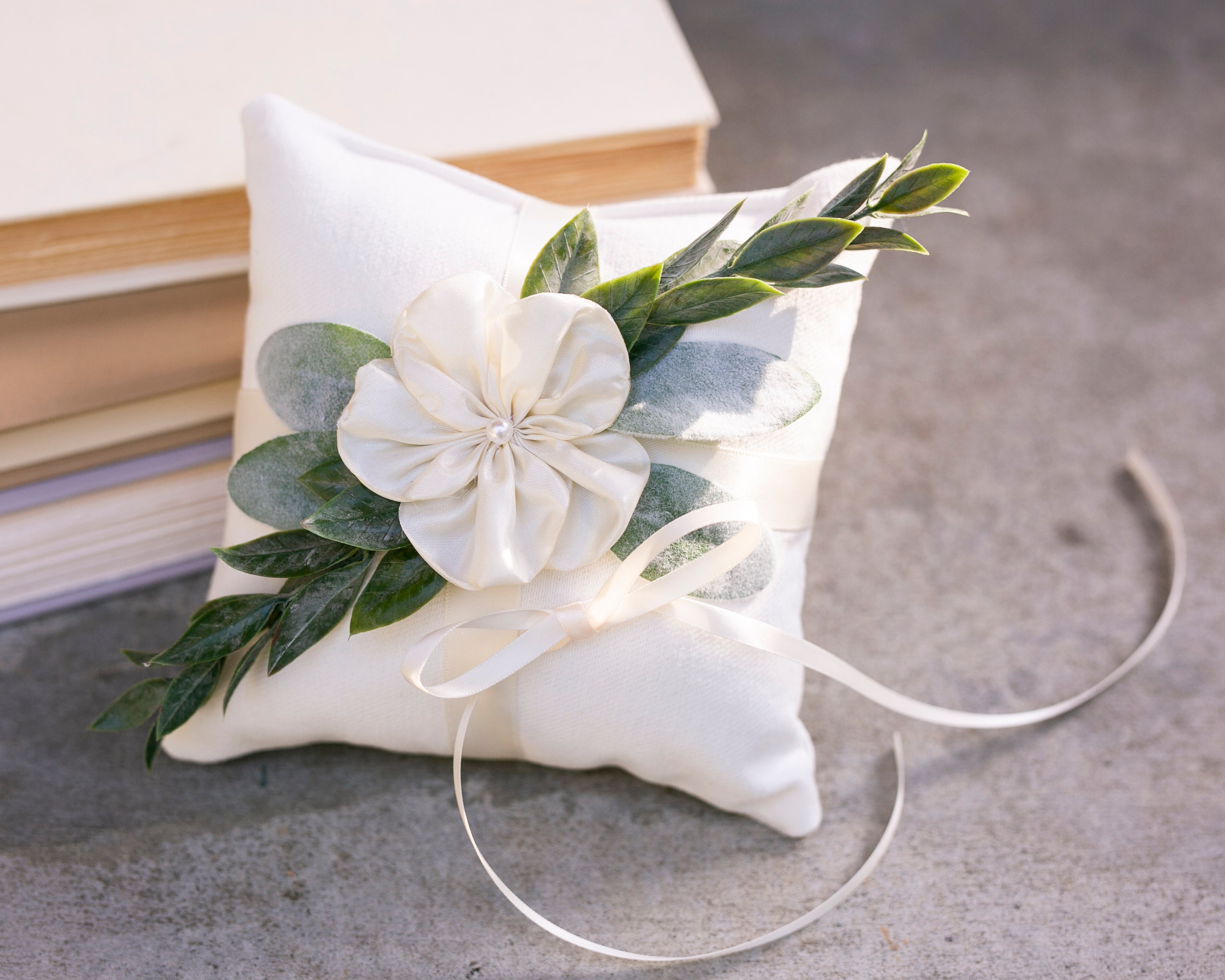 Ivory Ring Bearer Pillow | Wedding Ring Pillow w/ Greenery | Eucalypt…