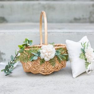 Rattan Flower Girl Basket | Willow Wedding Basket | Boho Decorated Flower Girl Basket | Rustic Woven Wedding Basket Set | Ring Bearer Pillow