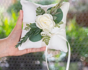 Ring Bearer Pillow | Wedding Ring Pillow w/ Greenery | Modern Wedding Decor | Ring Display | Linen-Look Wedding Pillow | Ring Cushion