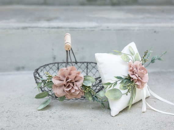 Flower Girl Basket & Ring Bearer Pillow Set | Rustic Bronze Small Basket | Simple Basket Set | Flower Girl Set | Boho Wedding | Ring Pillow