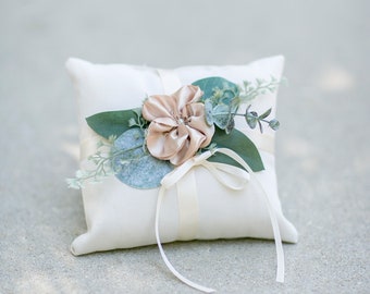 Ring Bearer Pillow | Woodland Wedding Pillow | Champagne Floral + Eucalyptus Wedding Pillow | Ring Pillow | Ribbon Pillow | White Pillow