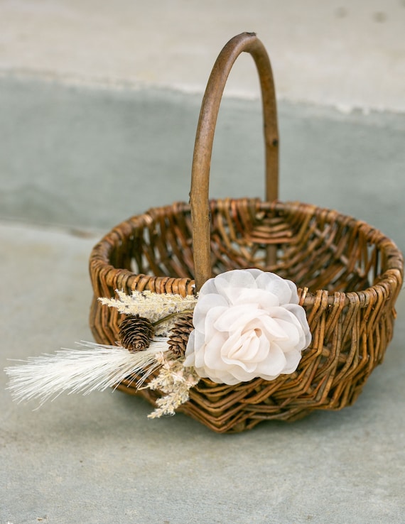 Romantic Boho Woodland Flower Girl Basket  | Modern Flower Girl Set | Willow Wedding Basket | Neutral Flower Girl Basket | Garden Wedding