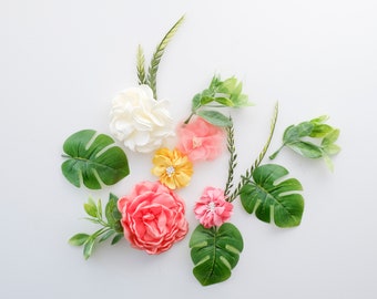 Tropical Faux Greenery + Flower Bundle | Colorful Dessert Table Styling Kit | Summer Leaves + Flowers | Beach Wedding Decor | Coral Flowers