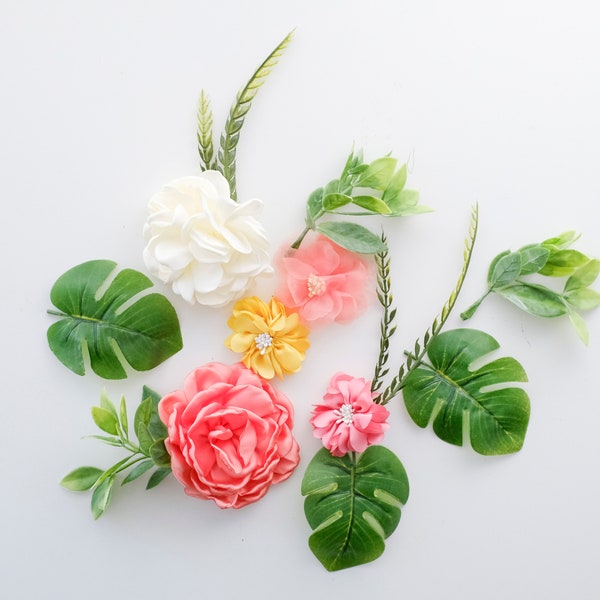 Tropical Faux Greenery + Flower Bundle | Colorful Dessert Table Styling Kit | Summer Leaves + Flowers | Beach Wedding Decor | Coral Flowers