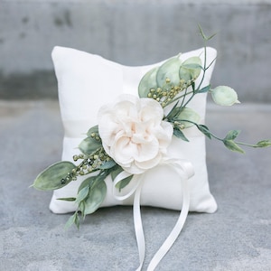 Ring Bearer Pillow Wedding Ring Pillow Ivory Linen-look Wedding Ring Display Floral Pillow Greenery Pillow Ring Cushion Photo Prop image 5