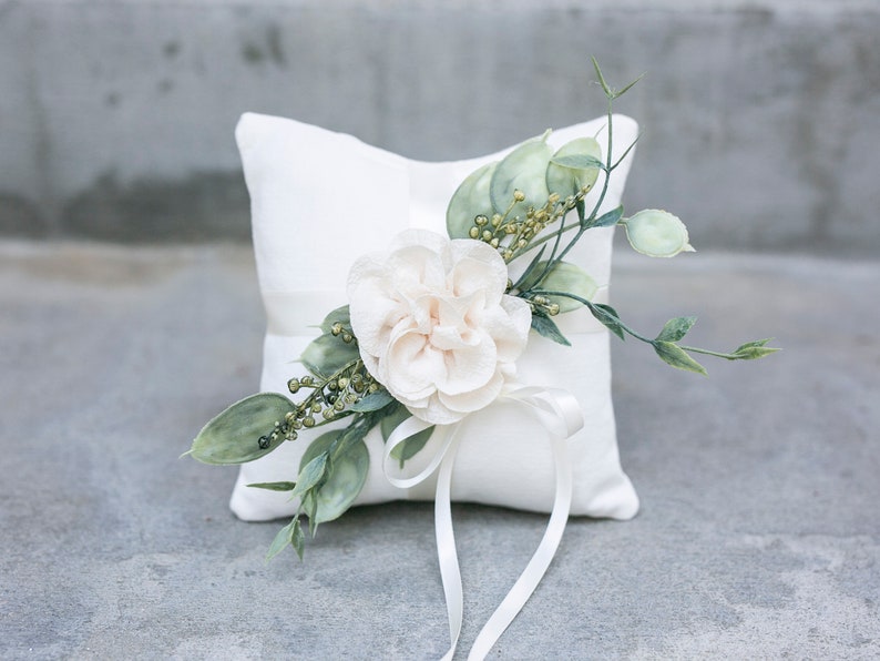 Ring Bearer Pillow Wedding Ring Pillow Ivory Linen-look Wedding Ring Display Floral Pillow Greenery Pillow Ring Cushion Photo Prop image 5